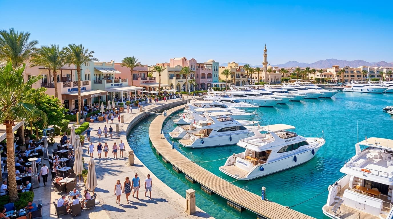 Hurghada Marina Boulevard Luxury Yachts and Seaside Promenade Under Blue Sky