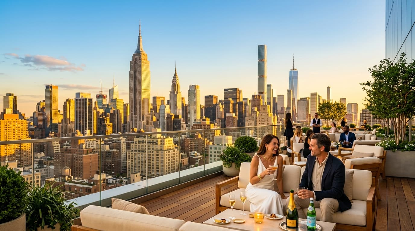 New York City Luxury Rooftop Lounge Skyline View at Golden Hour